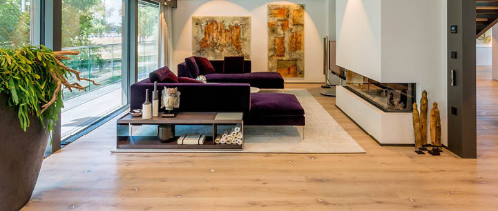 Ein Wohnzimmer mit moderner Einrichtung und einem Kamin, dessen Boden mit Eichen-Rustikal-Laminat verlegt ist.